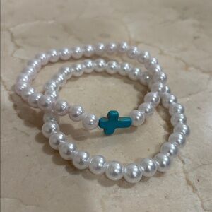 Hand Crafted White Pearl Bracelet with Turquoise Cross